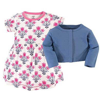 Touched by Nature Baby and Toddler Girl Organic Cotton Dress and Cardigan 2pc Set, Abstract Flower