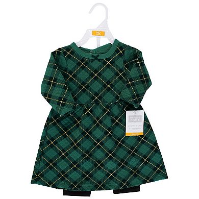 Hudson Baby Infant and Toddler Girl Quilted Cotton Dress and Leggings, Forest Green Plaid