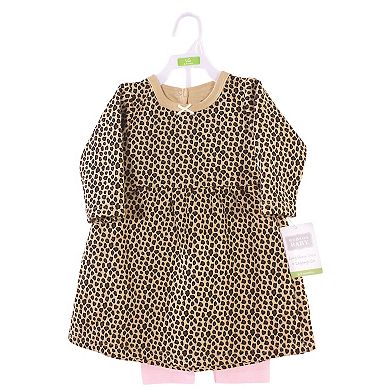 Hudson Baby Infant and Toddler Girl Quilted Cotton Long-Sleeve Dress and Leggings 2pc Set, Leopard Pink