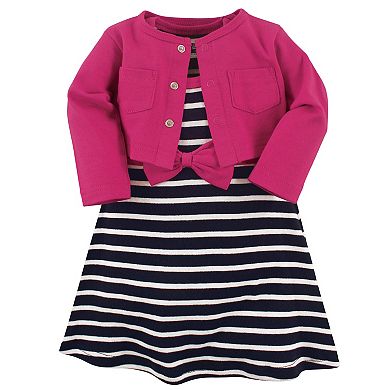 Hudson Baby Infant and Toddler Girl Cotton Dress and Cardigan 2pc Set, Berry Navy