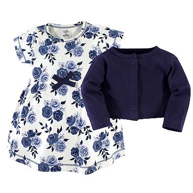 Touched by Nature Baby and Toddler Girl Organic Cotton Dress and Cardigan 2pc Set, Navy Floral