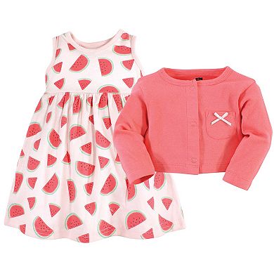 Hudson Baby Infant Girl Cotton Dress and Cardigan Set, Coral Watermelon