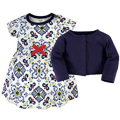 Touched by Nature Baby and Toddler Girl Organic Cotton Dress and Cardigan 2pc Set, Pottery Tile