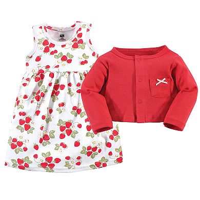 Hudson Baby Infant and Toddler Girl Cotton Dress and Cardigan 2pc Set, Strawberries