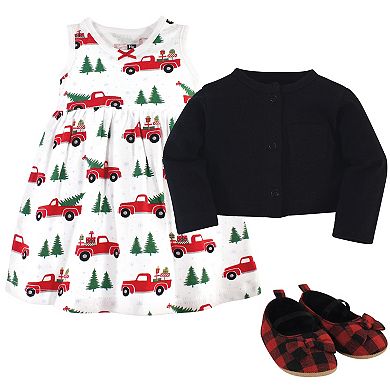 Hudson Baby Infant Girl Cotton Dress, Cardigan and Shoe 3pc Layette Set, Christmas Tree