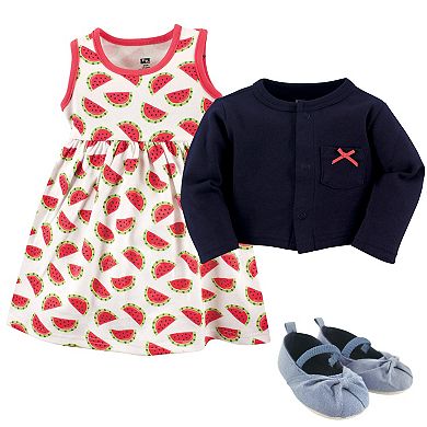 Hudson Baby Infant Girl Cotton Dress, Cardigan and Shoe 3pc Set, Watermelon