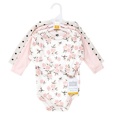 Hudson Baby Infant Girl Cotton Long-Sleeve Bodysuits, Cinnamon Pink Prints 3-Pack