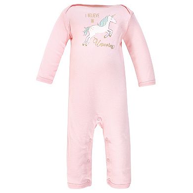 Hudson Baby Infant Girl Cotton Coveralls 3pk, Glitter Unicorn