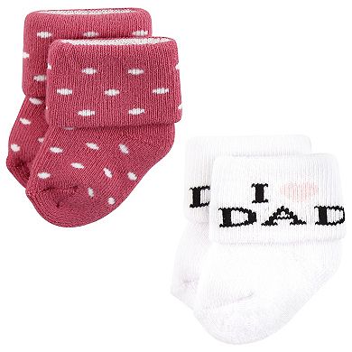 Hudson Baby Infant Girl Cotton Rich Newborn and Terry Socks, Mom and Dad Girl Pink Black