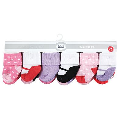 Luvable Friends Baby Girl Newborn and Baby Terry Socks, Coral Lilac Mary Janes 12-Pack