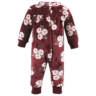 Hudson Baby Infant Girl Plush Jumpsuits, Burgundy Floral