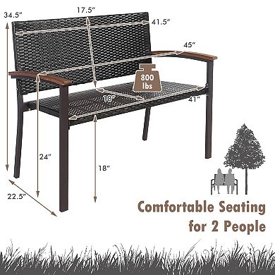 Outdoor Patio Rattan Wicker Bench with Armrest for Garden