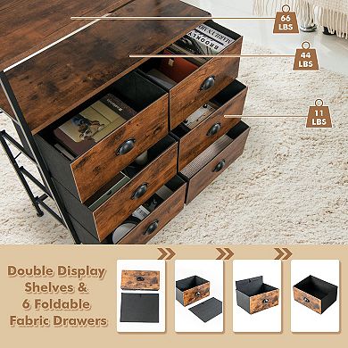 2-Tier Storage Chest with Wooden Top and 6 Fabric Drawers-Rustic Brown