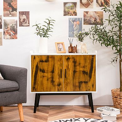 Mid-Century Wood Storage Cabinet with 2 Doors and Metal Legs for Entryway