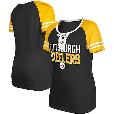 Women's New Era  Black Pittsburgh Steelers Raglan Lace-Up T-Shirt