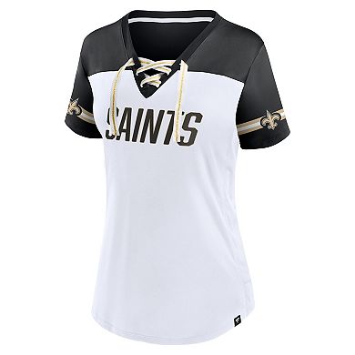 Women's Fanatics Branded White New Orleans Saints Dueling Slant V-Neck Lace-Up T-Shirt