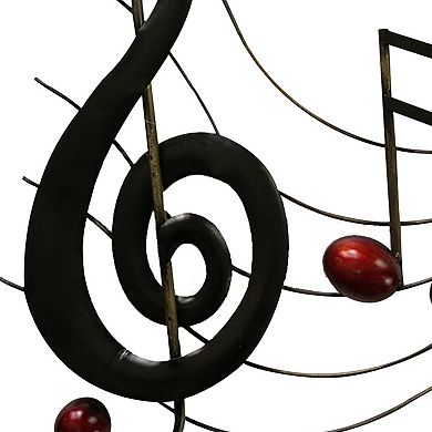 26 Inch Handmade Metal Wall Mount Accent Decor with Musical Notes and Treble Clef, Black, Red