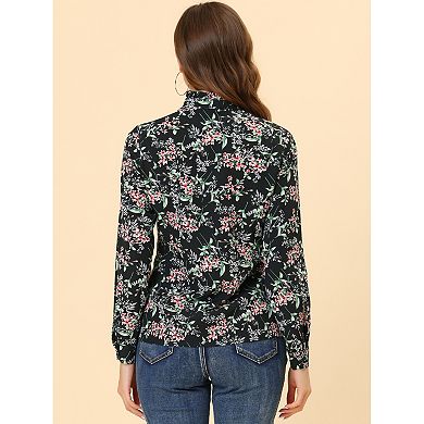 Women's Floral Print Long Sleeve Stand Collar Casual Shirt