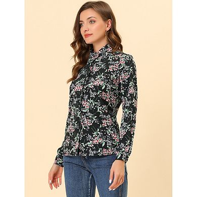 Women's Floral Print Long Sleeve Stand Collar Casual Shirt