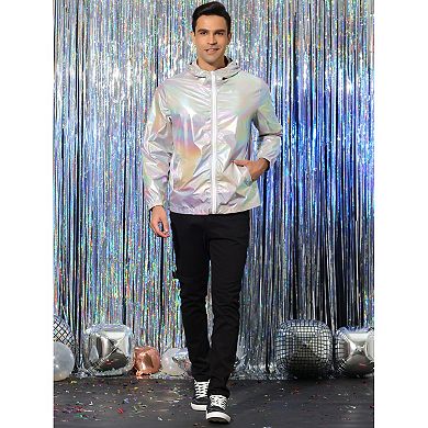 Jacket for Men Zip up Hooded Metallic Lightweight Holographic Shiny Jackets