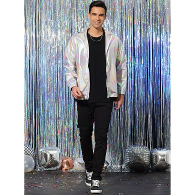 Jacket for Men Zip up Hooded Metallic Lightweight Holographic Shiny Jackets