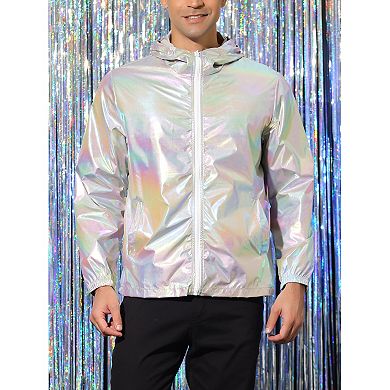 Jacket for Men Zip up Hooded Metallic Lightweight Holographic Shiny Jackets