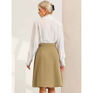 Pleated Midi Skirt For Women's Button Decor High Waist Casual Office Swing Skirts