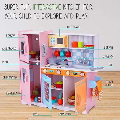 Lil' Jumbl Colorful Kids Kitchen Set, Toddlers Pretend Wooden Kitchen Playset