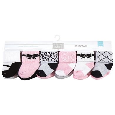 Hudson Baby Infant Girl Cotton Rich Newborn and Terry Socks, Bows 12-Pack