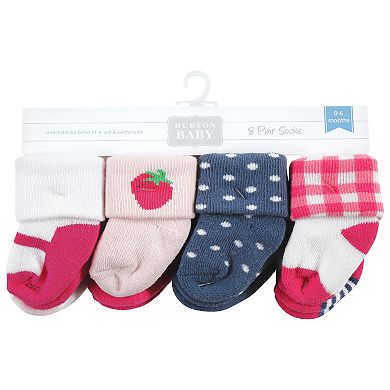Hudson Baby Infant Girls Cotton Rich Newborn and Terry Socks, Pink Strawberry