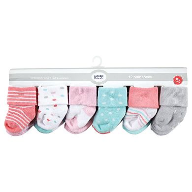 Luvable Friends Baby Girl Newborn and Baby Terry Socks, Coral Dots 12-Pack
