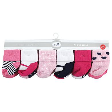 Luvable Friends Baby Girl Newborn and Baby Terry Socks, Pink Mary Janes 12-Pack