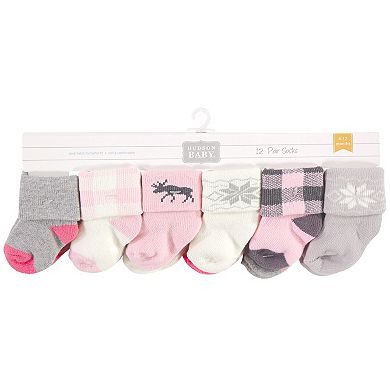 Hudson Baby Infant Girl Cotton Rich Newborn and Terry Socks, Pink Moose
