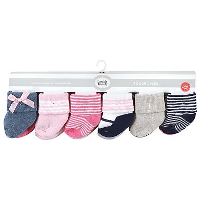 Luvable Friends Infant Girl Newborn and Baby Terry Socks, Pink Scroll