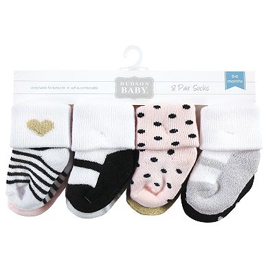 Hudson Baby Infant Girls Cotton Rich Newborn and Terry Socks, Silver Gold Pink