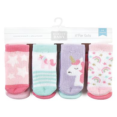 Hudson Baby Infant Girl Cotton Rich Newborn and Terry Socks, Unicorn 8-Pack