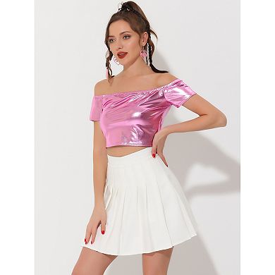 Women's Off Shoulder Party Shiny Metallic Crop Tops