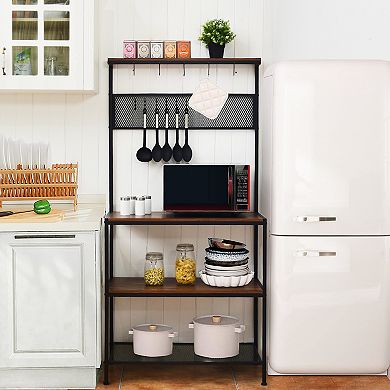 4-Tier Baker's Rack Stand with Wooden Shelves, S-Hooks, and Adjustable Stability