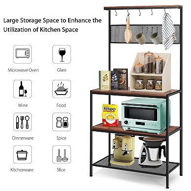 4-Tier Kitchen Rack Stand with Hooks and Mesh Panel