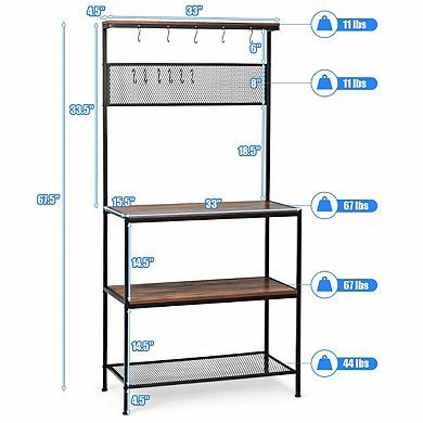 4-Tier Kitchen Rack Stand with Hooks and Mesh Panel