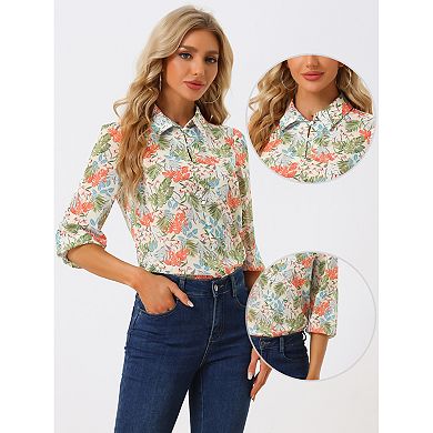 Women's Sheer Tops Point Collared 3/4 Sleeves Lightweight Leaves Print Blouse