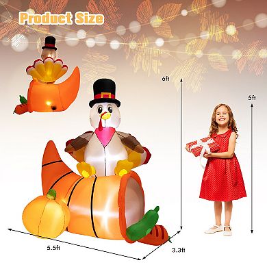 6 Feet Thanksgiving Inflatable Turkey on Cornucopia Harvest Autumn Decor with Light