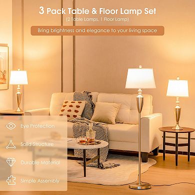 3 Piece Lamp with Set Modern Floor Lamp and 2 Table Lamps-Silver