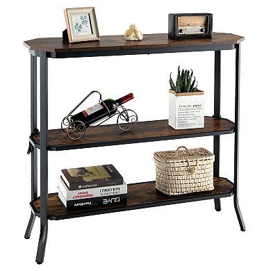 3-Tier Steel Frame Entryway Sofa Console Table for Hallway and Living Room-Rustic Brown