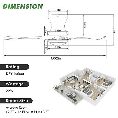 52 Inch Flush Mount Ceiling Fan with LED Light-Black