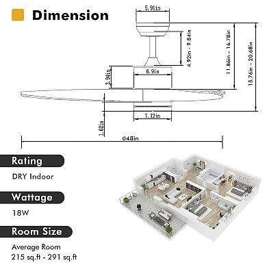 48 Inch Wood Ceiling Fan with LED Lights and 6 Speed Levels