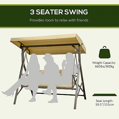 Outsunny 3-Seat Patio Swing Chair, Outdoor Canopy Swing Glider with Cushion, Khaki