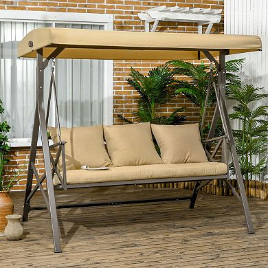 Outsunny 3-Seat Patio Swing Chair, Outdoor Canopy Swing Glider with Cushion, Khaki