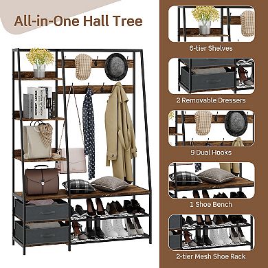 6-in-1 Freestanding Hall Tree Coat Rack with Bench and Fabric Dressers-Rustic Brown
