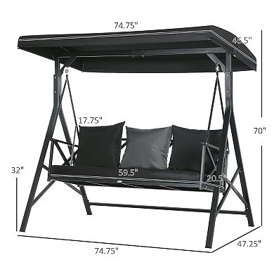 Outsunny 3-Seat Outdoor Porch Swing, Adjustable Canopy, Cushions, Black